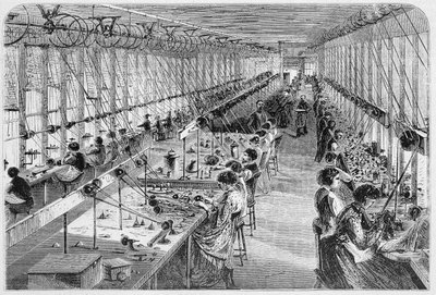 Vrouwen in een horlogefabriek in Waltham, Massachusetts, 1870 door American School